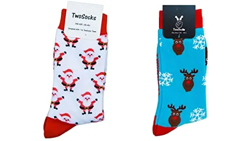 TwoSocks Weihnachtssocken Geschenk-Set | Damen & Herren | witzige Rentier & Weihnachtsmann Strümpfe | Einheitsgröße | Baumwolle