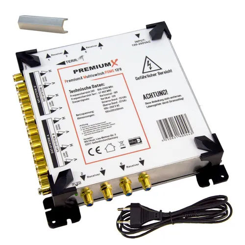 PremiumX Multischalter 17-8 - Multiswitch für 4 SAT und 8 Teilnehmer - Multischalter für 4 Satellitenpositionen, ideal für Sky, HD+ und UHD. Perfekt für Mehrteilnehmeranlagen und sorgt für erstklassigen Empfang.