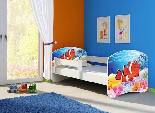 Clamaro Kinderbett Fantasia Weiß mit Rausfallschutz - Stabiles Kinderbett 70x140 cm, inkl. verstellbarem Rausfallschutz und weicher Schaumstoffmatratze. Wählbare Motive für Jungen und Mädchen. Optional mit rollbarem Bettkasten. Sicherheit durch ABS-Kantenschutz.