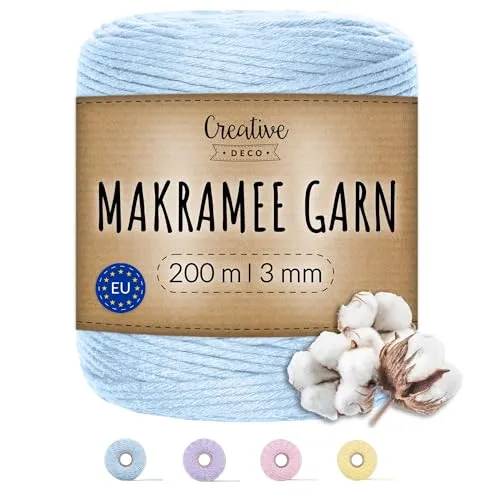 Creative Deco 200m Pastel-Blau Makramee-Garn Baumwoll-Polyester-Kordel Baumwollschnur | 656 Fuß | 2-3 mm Dicke | Große Rolle Naturliche Starke | Perfekt für Basteln, DIY, Handwerk & Stricken