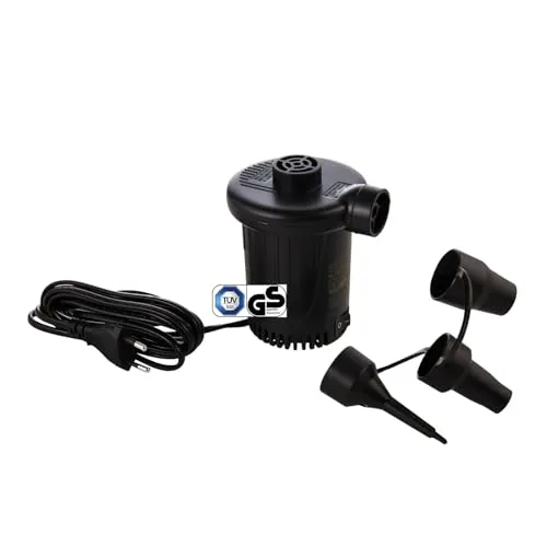 ADVENTURIDGE Elektrische Luftpumpe für Luftmatratze TÜV/GS-Zeichen 2 in 1 Aufpumpen und Entleeren elektrische Pumpe mit 3 Ventil-Adaptern für Matratze Schlauchboot Luftbett Schwimmring Schwarz