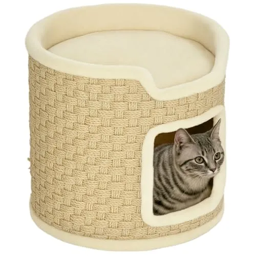 PawHut Kratztonne - 37 cm Hoch für Katzen - Kratztonne für Katzen bis 5 kg, bietet doppelschichtige Entspannung und schützt Möbel mit robustem Sisal. Stilvolles Design in Khaki, ideal für jedes Zuhause.