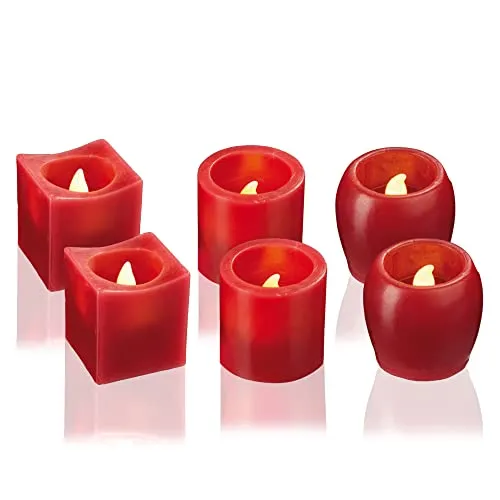 hellum LED-Wachskerzen, 6er-Set rot, gelbe LED, 4 cm hoch in verschiedenen Formen,batteriebetrieben (6x CR2032 nicht inkl.), Tischdekoration, 572193