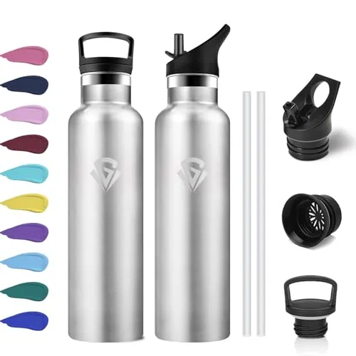 Trinkflasche 750ml, Auslaufsichere Thermosflasche mit Strohhalm, Isolierflasche Doppelwandig, Kohlensäure Geeignet, BPA-Frei, Wasserflasche für Sprudel, Fitness, Fahrrad, Erwachsene, Büro, Laufen