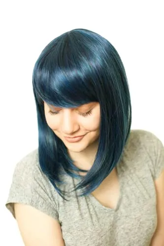 Prettyland Damen Blau Schwarz Strähnen Mittellange Schulterlang Glatte Natürlich Matte wie Echthaar Bob Perücke Wig C180