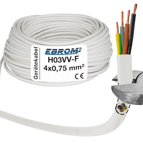 EBROM Kunststoff Schlauchleitung RUND, Kabel, Stromkabel, Leitung, Gerätekabel H03VV-F 4x0,75 mm² Farbe: weiß, viele Längen in 5 Meter Schritten bis 250 Meter 4x0,75 mm2, Ihre Kabellänge: 5 Meter