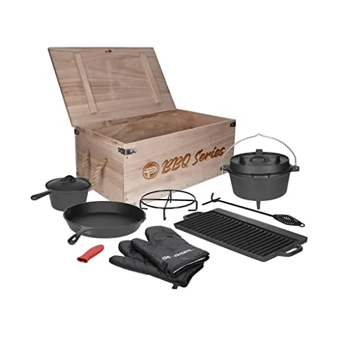 TP Premium BBQ Set - 9-teiliges Dutch Oven Set - Vielseitiges Dutch Oven Set für Lagerfeuer und Camping, inklusive gusseisernem Topf, Grillplatte und praktischem Zubehör. Ideal für Kochen, Braten und Backen im Freien.