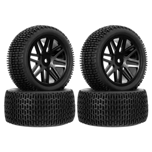 Pxyelec RC 1:10 Off-Road Car Buggy Rubber Tyre Tire & Wheel Rim HEX 12mm Black with foam inserts Pack of 4