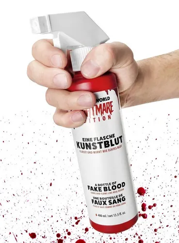 Maskworld Theaterschminke Blutsplatter Kunstblut Sprühflasche 400 ml (1-tlg), Blutflasche mit Sprühaufsatz – für Effekte wie im Splatterfilm!