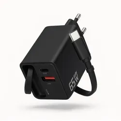 65W Schnellladegerät in Schwarz mit integriertem USB-C Kabel - Praktisches 3-in-1 Schnellladegerät in Schwarz mit 65W Leistung. Integriertes 65cm USB-C Kabel und Anschlüsse für USB-C & USB-A ermöglichen das gleichzeitige Laden mehrerer Geräte – ideal für unterwegs und im Büro.