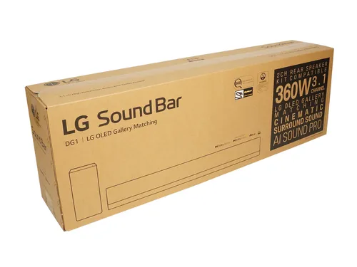 LG DG1 3.1 Surround Soundbar mit Wireless Subwoofer - Soundbar mit 360 W RMS-Leistung für beeindruckenden Surround Sound, ideal für Filmabende. Unterstützt Dolby Atmos und DTS:X für ein kinoreifes Erlebnis.