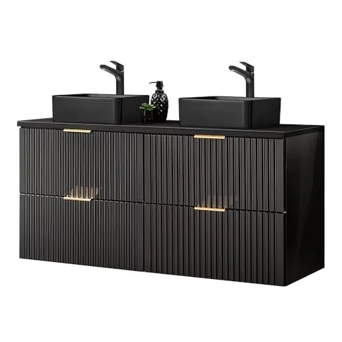 Lomadox Waschtisch ADELAIDE-56-BLACK mit 2 schwarzen Aufsatzbecken - Eleganter Badezimmerwaschtisch mit 2 hochwertigen Aufsatzbecken in mattschwarz. Ideal für moderne Bäder, bietet er stilvolle Funktionalität und einfache Selbstmontage.