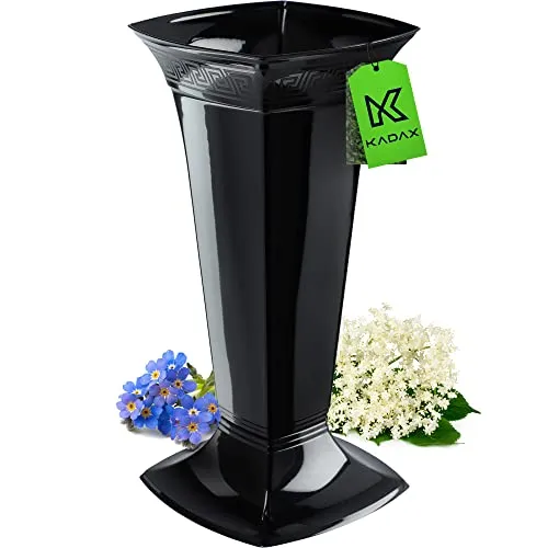 KADAX Grabvase mit Sockel, Friedhofsvase aus Kunststoff, Blumenvase für Grabstein, Grabdekoration, Grabschmuck, Grabsteckvase, Standvase für das Grab (Schwarz/Hoch)