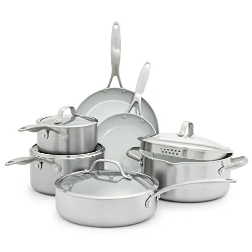 GreenPan Venice Pro Tri-Ply 10-teiliges Kochgeschirr Set - Topf- & Pfannenset mit gesunder, PFAS-freier Antihaftbeschichtung, ideal für gleichmäßiges Kochen und einfache Reinigung. Spülmaschinenfest und ofenfest bis 315°C.