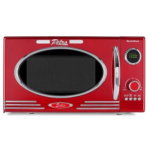 Salco Mikrowelle 2 in 1 – Retro-Style mit Grillfunktion - Mikrowellen mit Grill – Stilvolles Retro-Design in Metallic-Rot mit 900 W Leistung, 23 l Garraum und 12 Funktionen für schnelles Auftauen, Grillen und Erwärmen.