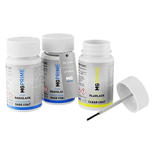 MG PRIME Autolack Lackstift Set für Ford LVLGWHA/AZ Star White Pearl/Star-Weiss Metallic Grundlack Basislack Klarlack je 50ml