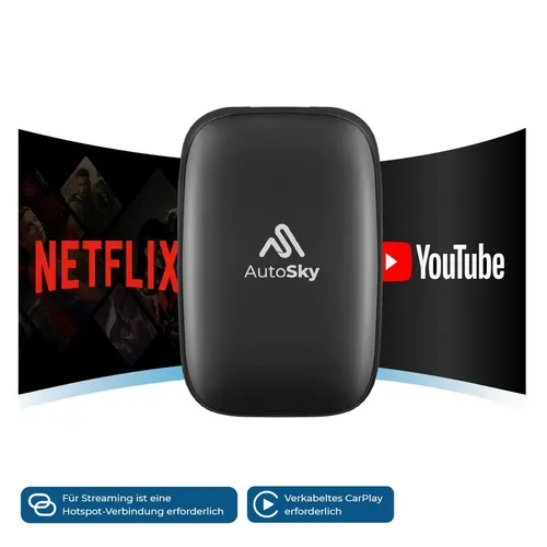 AutoSky Wireless CarPlay & Android Auto AI Box Lite – Kabellos für Ihr Fahrzeug - Digital Media-Receiver mit kabellosem CarPlay & Android Auto für mehr Komfort beim Fahren. Genießen Sie YouTube und Netflix unterwegs mit einer schnellen Plug & Play Installation.