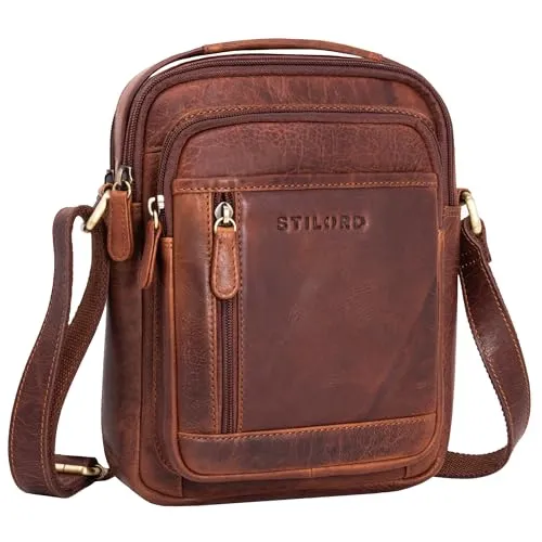 STILORD Umhängetasche Herren Klein Leder - Vintage Crossbody Bag in Cognac - Messenger-Bag aus echtem Rindsleder mit 6 Fächern für Tablet bis 8 Zoll, ideal für Freizeit und Business. Verstellbarer Schultergurt für individuellen Tragekomfort.