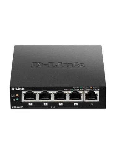D-Link DGS-1005P: 5-Port Gigabit Switch mit PoE - Netzwerk-Switch mit 5 LAN-Anschlüssen, ideal für kleine Netzwerke und bietet Power over Ethernet für einfache Installation.