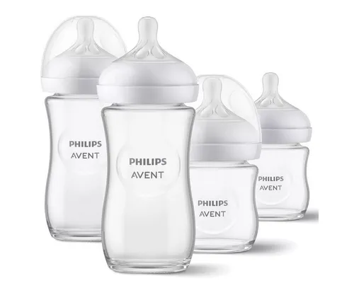Philips AVENT Babyflasche Glas-Flasche Natural, 4er Pack Baby Glas-Flaschen 120ml & 240ml mit Silikon-Sauger