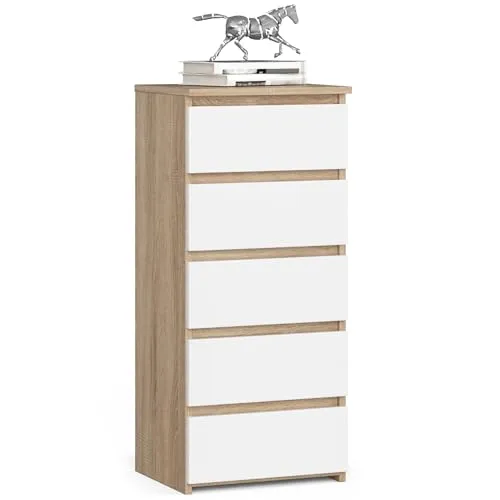 MILORD Kommode CL5 40 cm 5 Schubladen Schrank für das Wohnzimmer, Schlafzimmer, Kinderzimmer, B40 x H92 x T35 cm, Gewicht 21,9 kg (Sonoma-Eiche | Weiß)