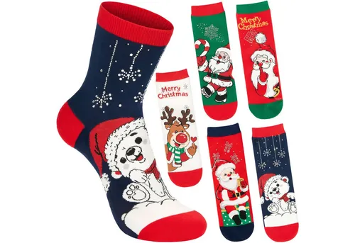 BRUBAKER Socken Damen Weihnachtssocken - Weihnachtsmann, Rentier & Eisbär (Bunte Baumwollsocken für Frauen - Geschenkset, 5-Paar, Kuschelsocken mit humorvollen Sockenmotiven) Lustige Damensocken für Weihnachten & Nikolaus