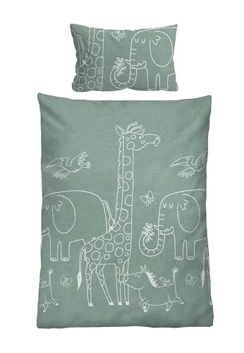 biberna Melange-Flanell Bettwäsche 0840520 Tiere - Bettwäsche-Sets aus 100% Baumwolle, angenehm weich und einlaufsicher, mit bunten Streifen und Reißverschluss, perfekt für Kinderzimmer, Made in Germany.