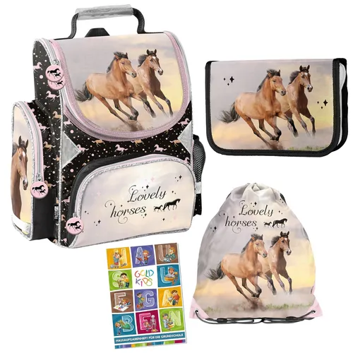 Schulranzen für Jungen und Mädchen, 4er-Set - Pferd Motiv - Ranzen, Taschen & Rucksäcke - Stilvolles 4er-Set mit buntem Pferd-Motiv, ideal für Schule und Freizeit.