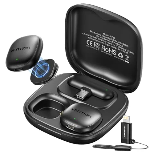VENTION Mini-Funkmikrofon für iPhone 17/16/15 Pro Max, [Plug and Play] USB-C Bluetooth Mikrofon für Android, Kabelloses Lavalier Mikrofon mit 24-Stunden-Ladecase für Videoaufnahmen/Vlogging