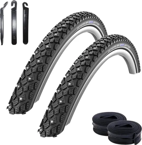 Schwalbe Winter Fahrradreifen K-Guard Reflex Winterreifen 42-622 (28 x 1,60) + 2 Schwalbe AV17 Schläuche inkl. 3 Reifenheber 2 x