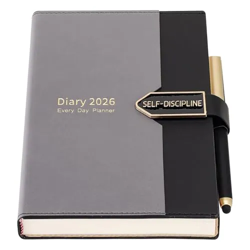 Mljtoyo A5-Tagesplaner 2026, Tag pro Seite, Hardcover-Produktivitäts-Tagesplaner, Tagebuch, Ganzjahresplaner von Januar 2026 bis Dezember 2026, mit Stift, farbige Seitenregister, Schwarz
