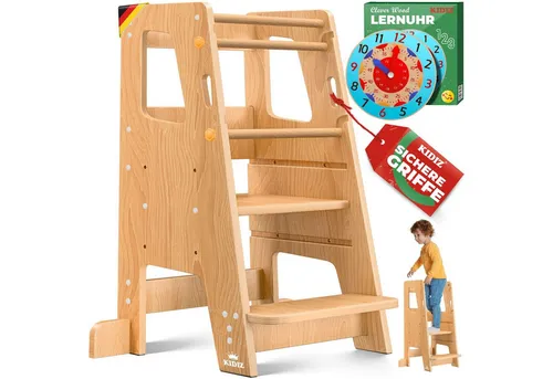 KIDIZ Stehhilfe Montessori Lernturm - Stehhilfen für Kinder ab 1 Jahr, aus robustem Kiefernholz, 3-stufig höhenverstellbar und mit sicherem Anti-Kipp-Schutz. Inklusive Lernuhr für spielerisches Lernen.