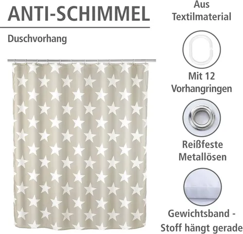 WENKO Duschvorhang Stella Taupe – Anti-Schimmel, Textil, 180 x 200 cm