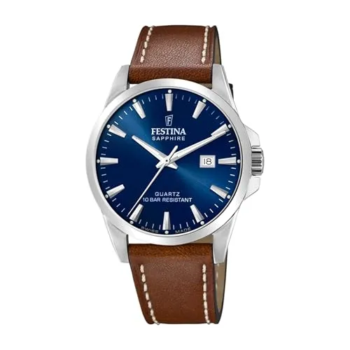 Festina Herren Uhr F20025/3 - Swiss Made - Elegante Armbanduhr aus Edelstahl mit braunem Lederband, 10 bar wasserdicht und stilvolles blaues Zifferblatt, perfekt für jeden Anlass.