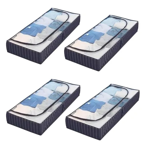 HAC24 4x Unterbettkommode mit Sichtfenster Blau 105 x 15 x 45 cm Unterbett-Aufbewahrungstasche Kommode Aufbewahrung
