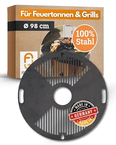 Feuerfest 123 Grillplatte rund I Ø 98cm I Feuerplatte aus Feinkorn-Stahl I Massive Plancha-Platte mit 4mm Stärke I Grillaufsatz für Feuerschale, Feuertonne, BBQ-Grilltonne & Kugelgrill
