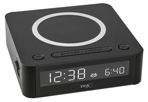 TFA Wecker mit kabelloser Ladestation - Kabelloses Qi-Ladegerät und Digitalwecker in einem, mit anpassbarem Farbdisplay und Snooze-Funktion für zusätzlichen Schlaf.