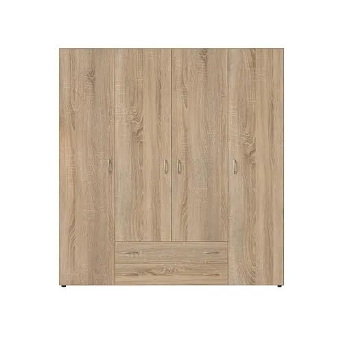 Stella Trading BASE Kleiderschrank 160 cm - Vielseitiger Drehtürenschrank in Eiche Sonoma - Kleiderschränke - Zeitloses Design für Ordnung im Schlafzimmer mit viel Stauraum für Kleidung und Schuhe. Ideal für minimalistisches Wohnen.