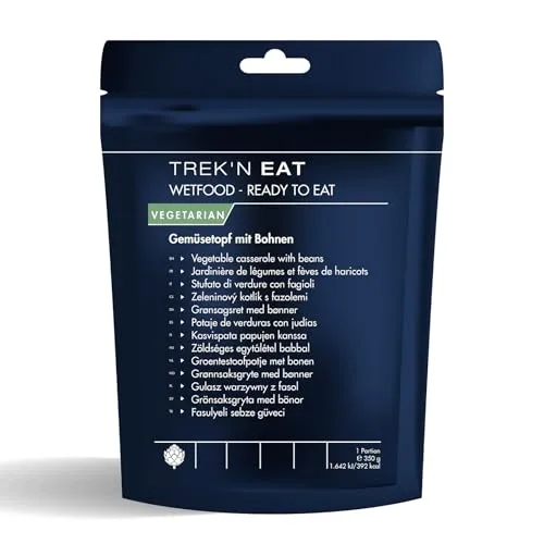 TREK'N EAT Gemüseeintopf mit Bohnen – Ready to Eat – Sofort verzehrfertig ohne Kochen – Outdoor Mahlzeit mit natürlichen Zutaten – Lang haltbar & ideal für Camping, Trekking & Notvorrat