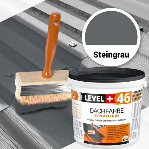 Dachfarbe Steingrau 20kg - Elastische Polymermembran - Hochwertige Dachfarbe für außen, mit perfektem Deckvermögen und elastischen Eigenschaften. Ideal zur Abdichtung von Mikrorissen, wasser- und UV-beständig. Gebrauchsfertig und lösungsmittelfrei.