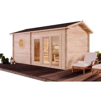 FinnTherm Saunahaus Genf-70 - 70 mm Naturholz, 6 Personen - Sauna für bis zu 6 Personen mit 4 Liegeplätzen und isolierter Decke. Genießen Sie entspannte Stunden in Ihrem eigenen Massivholz-Saunahaus mit Panorama-Tür und 3 Fenstern.