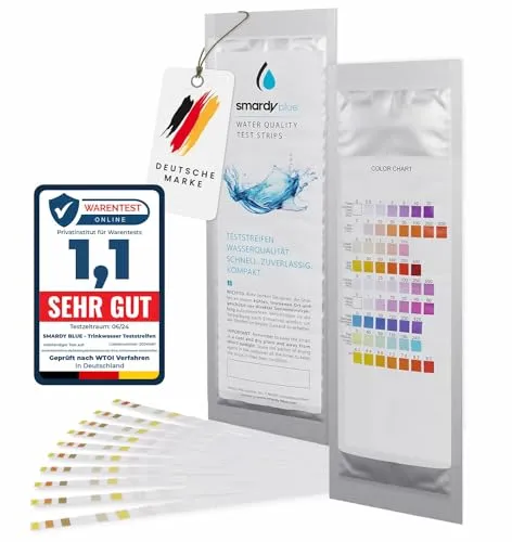 smardy 10x Wasser Teststreifen 9in1 Trinkwassertest | freies Chlor, pH, Alkalinität, Nitrat, Nitrit, Wasserhärte Test | Wasserteststreifen für Trinkwasser, Aquarium, Pool | Wasserqualität Wassertest