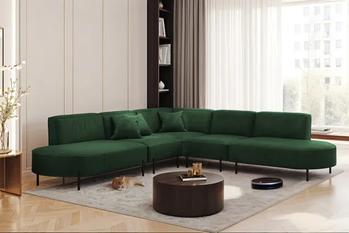 Ecksofa Designersofa VALENCIA - Sofa für Erwachsene, bis zu 8 Sitzplätze, modernes Design in Dunkelgrün, ideal für gemütliche Wohnzimmer und gesellige Abende.