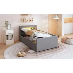 Polsterbett Kinderbett 90*200 cm, Mit LED-Licht, Mit Nachtlicht und USB-Ladeanschluss, Mit Regal, Mit Hydraulischem Stauraum, Einfaches Einzelbett,...