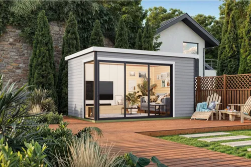 Gartenhaus Outdoor Life Austin 6 mit Fußboden 439,6 x 319,6 cm - Modernes Blockbohlenhaus mit 10,23 m² Fläche für vielfältige Nutzung. Große Glasflächen sorgen für Helligkeit, während die stabilen 18 mm Fußbodenbretter Komfort bieten. Ideal für Hobby, Homeoffice oder als Rückzugsort.
