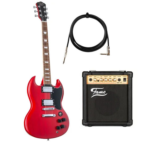 E-Gitarren Set für Anfänger J & D GG1S II RS + MA15 - Komplettes E-Gitarren Set mit hochwertigen Komponenten, ideal für Einsteiger. Inklusive 15 Watt Verstärker für vielseitige Klänge und robustem Instrumentenkabel für optimale Verbindung.