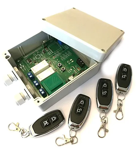 Funk Empfänger ADK-7 mit 4x Handsender - Funkgeräte & Zubehör - Vielseitige Steuerung für Garagentore, Lampen und Jalousien, max. 16A, IP65 Gehäuse, 4 verschiedene Funktionsmodi und Speicher für bis zu 200 Handsender.