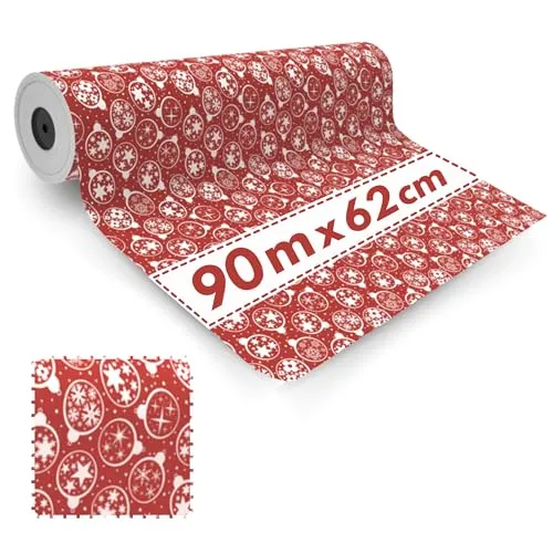 Geschenkpapierrolle, rot, Weihnachtskugeln, 62 cm x 90 m – Geschenkpapier für Weihnachten, recyceltes Geschenkpapier 1 x