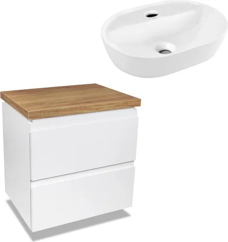 VBChome Badmöbel 50 cm Weiß Aufsatzwaschbecken mit Hahnloch 42x30 cm Aufsatzwaschtisch mit Waschbeckenunterschrank 2 Schubladen Badezimmerschrank