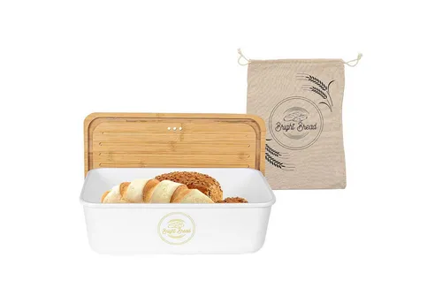 Bright Bread Brotkasten Brotbox Brotkiste Brot Box Aufbewahrung, Kunststoff/Bambus, mit Deckel & Brotbeutel 37x20x12cm